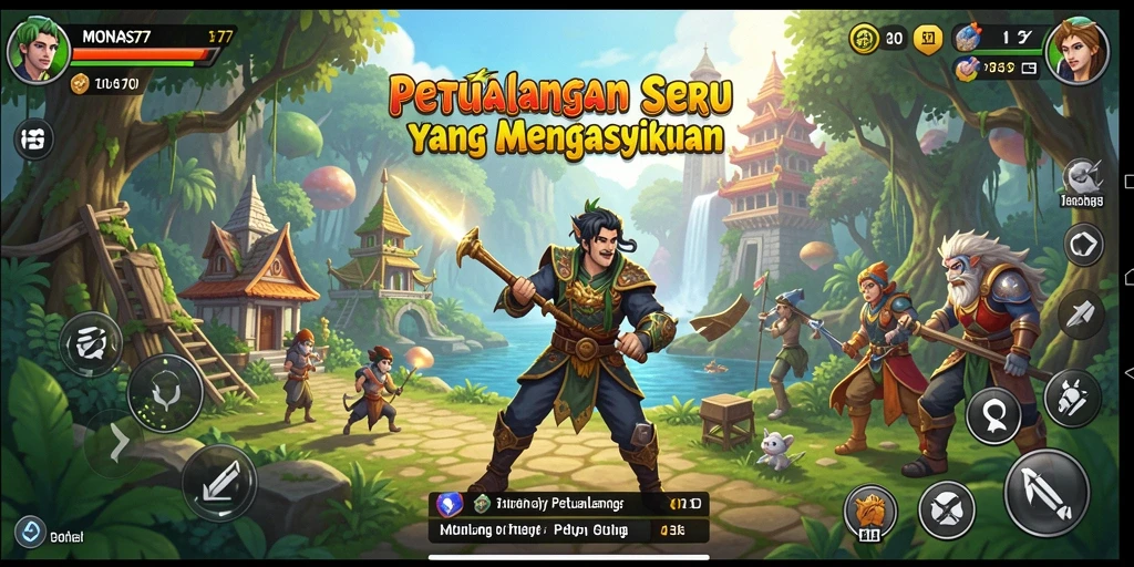 Tampilan antarmuka MONAS77 dengan petualangan seru dan karakter menarik.
